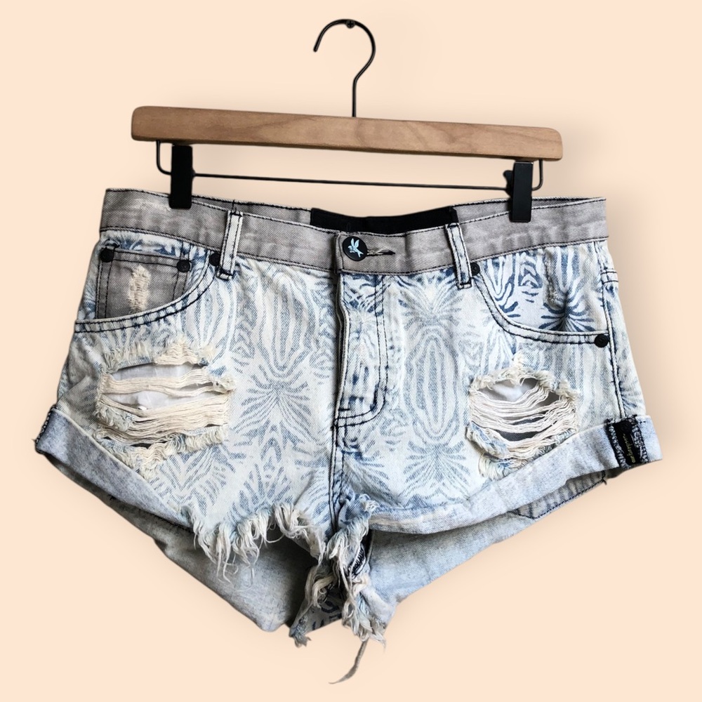 One Teaspoon Boho Distressed Cut Off Micro Mini Shorts Denim Pattern Women’s 29
